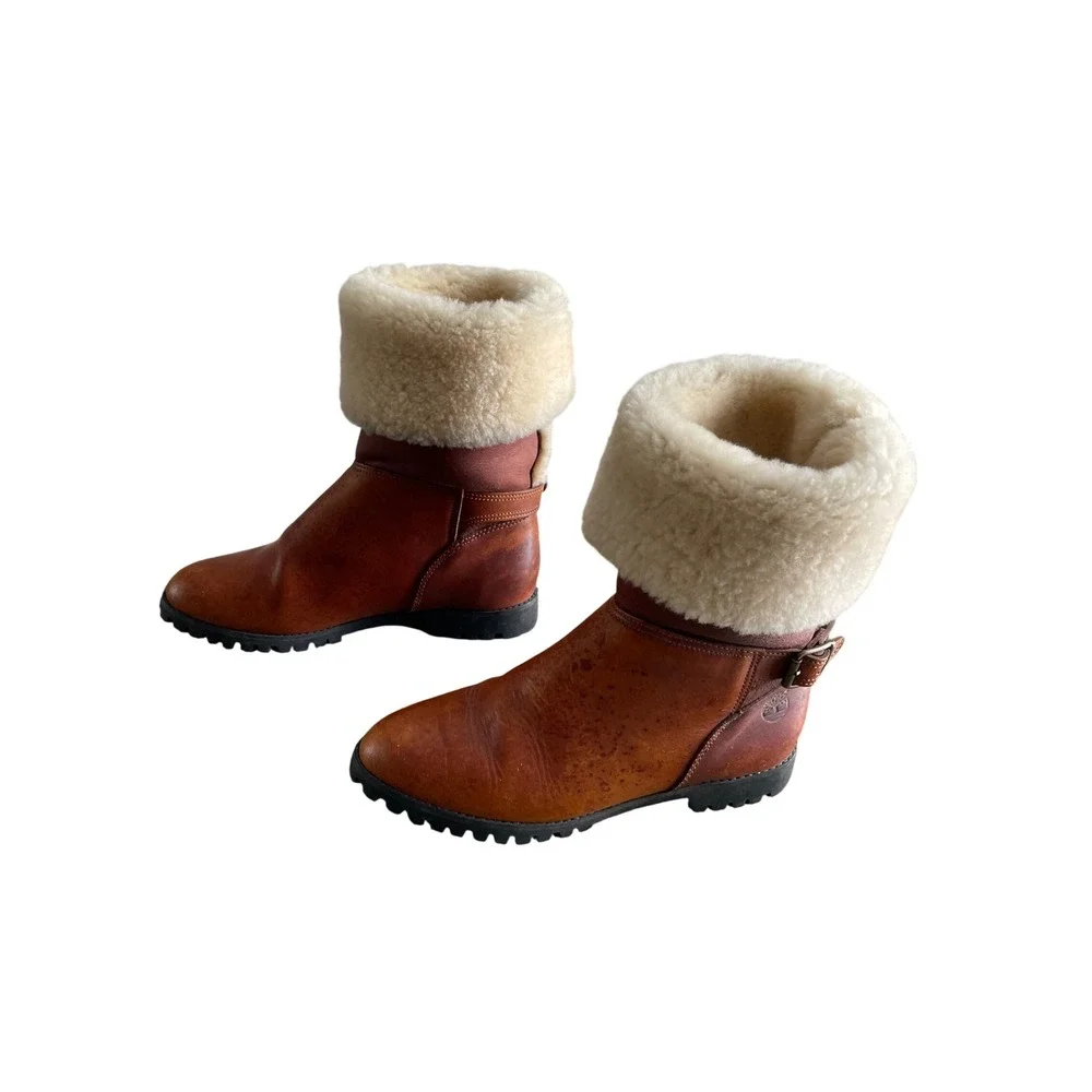 Timberland Vtg 90's Shearling Lined Leather Boots Cognac Made in USA Womens 6.5M